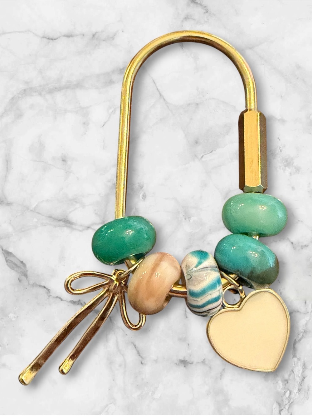 Gold-Tone Heart Charm Keyring with Turquoise and Cream Beads